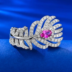 925 Sterling Silver Feather Ring Pink Green Rhinestone Inlaid Fashion Personality Jewelry Finger Ring Gift For Women