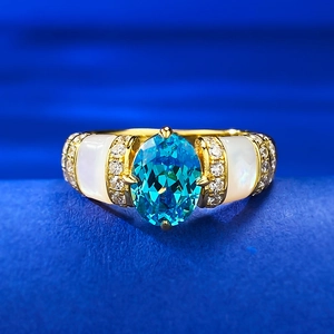 Oval Paraiba Blue Gemstone Ring 925 Sterling Silver With Mother Of Artificial Pearl Inlay Luxury Retro Design For Women
