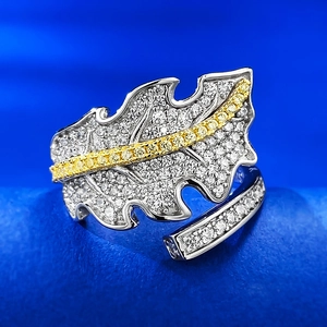 925 Sterling Silver Leaf Open Ring For Women Adjustable Inlaid White Yellow Rhinestone Fashion Jewelry Finger Ring Gift