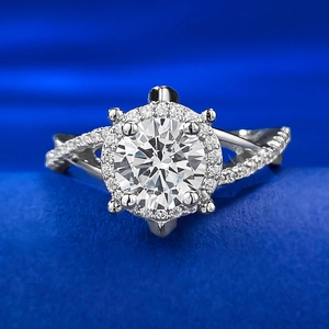 S925 Sterling Silver Ring 1 Carat Halo Round Cut Rhinestone Engagement Wedding Ring For Women Twisted Shank Fashion Jewelry