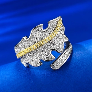 Luxurious 925 silver leaf open ring with white pavé diamonds and yellow gems centerpiece