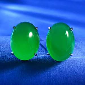 Luxurious 925 Sterling Silver Artificial Green Chalcedony Stud Earrings Pave Rhinestone Oval Cabochon Elegant Jewelry For Women
