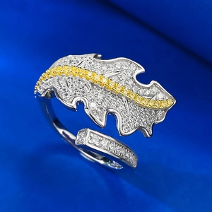 Luxurious 925 sterling silver leaf ring with yellow and white micro-pave crystals