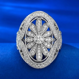 Vintage 925 Sterling Silver Rhinestone Flower Ring For Women Luxury Oval Floral Statement Ring Wedding Party Jewelry