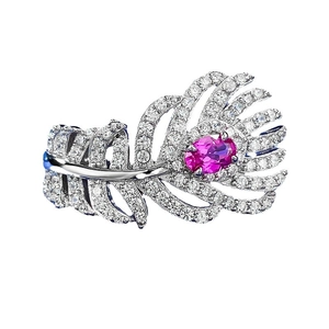 S925 sterling silver peacock feather ring with pink gemstone and pavé diamonds