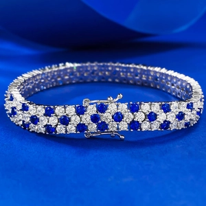 Luxueux Bracelet en Argent Sterling 925 avec Strass Bleu Royal pour Femme Bracelet de Tennis Géométrique Incrusté Multi-Rangs Bijoux Cadeau