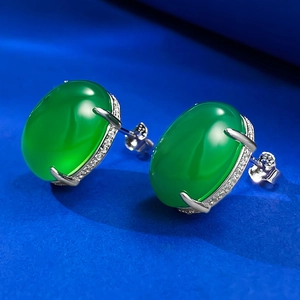 Elegant 925 sterling silver stud earrings with oval green chalcedony and pavé diamonds