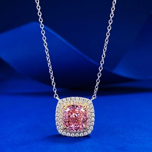 925 Sterling Silver Padparadscha Pink Cushion Cut Gem Pendant Necklace Luxury Double Halo Rhinestone Jewelry For Women Gift