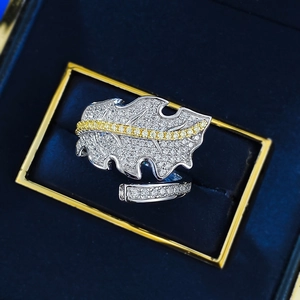 Luxurious 925 sterling silver leaf open ring with sparkling white and yellow pavé zircons