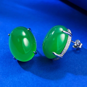 925 silver stud earrings with oval green chalcedony and micro-pave cubic zirconia