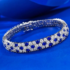 Bracelet rivière à trois rangs en argent sterling avec cristaux bleu roi et blancs