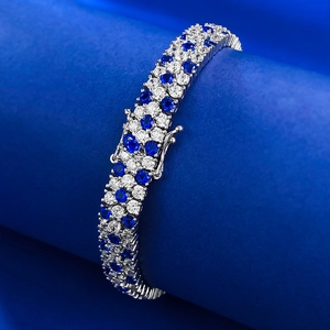 Bracelet luxueux en argent sterling S925 avec pierres bleu roi et pavé de diamants à trois rangs