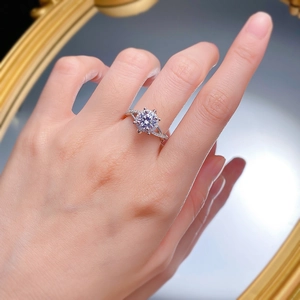 Classic S925 silver 1 carat round diamond engagement ring with halo setting on finger