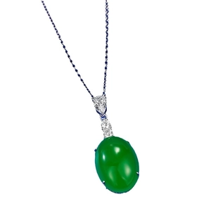 Elegant S925 silver necklace with oval emerald green jade pendant and diamond accents