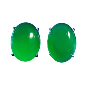Elegant 925 silver stud earrings with oval green chalcedony and micro-set diamonds
