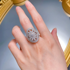 Macro view of Victorian style silver daisy ring with micro-paved cubic zirconia stones