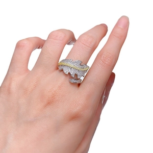 Luxurious 925 sterling silver open leaf ring with micro-pave crystals and yellow stripe