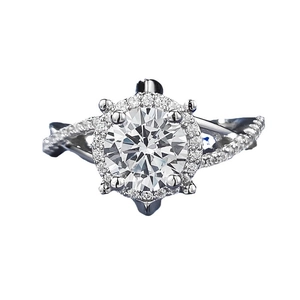 Luxurious S925 sterling silver halo engagement ring with twisted band and round diamond