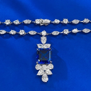 Luxury 925 silver necklace with a large emerald-cut blue sapphire pendant and white zircon