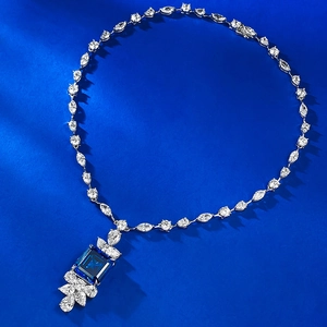 925 silver necklace with square royal blue gemstone pendant and marquise cut accents