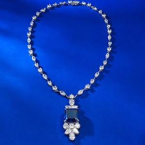Luxurious 925 silver necklace with a square royal blue sapphire pendant and marquise gems