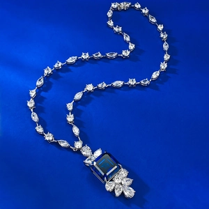 Luxurious 925 silver necklace with square royal blue gemstone and sparkling zircons
