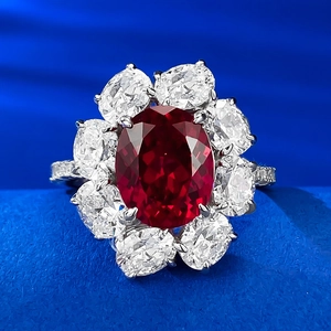 Bague en Argent Sterling S925 Avec Pierre Précieuse Ovale Rouge Sang de Pigeon pour Femme Bijoux de Fête à Fleurs en Strass de Luxe