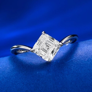 Elegant S925 silver ring featuring a large square emerald-cut diamond simulant on blue velvet