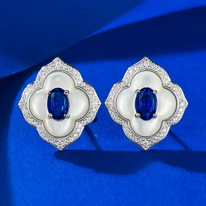 925 Sterlingsilber Blaue Zirkonia Ohrstecker Weiße Perlmutt Vintage Luxus Quatrefoil Ohrringe Für Frauen Schmuck Geschenk