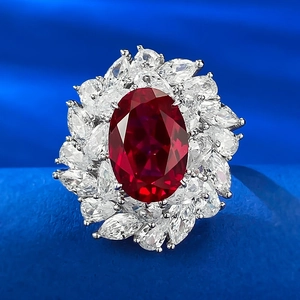 925 Sterling Silver Pigeon Blood Red Oval Rhinestone Ring Grand Inlay Cluster Cocktail Ring For Women Luxurious Jewelry