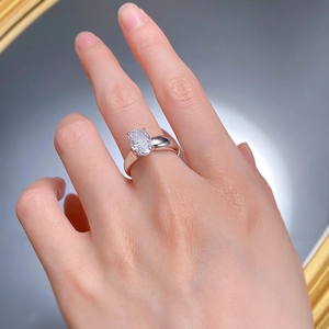Detail of S925 silver ring with large oval ice flower cut zircon in 4-prong setting