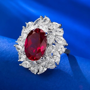 Luxury S925 silver ring with large oval red pigeon blood stone and floral diamond halo