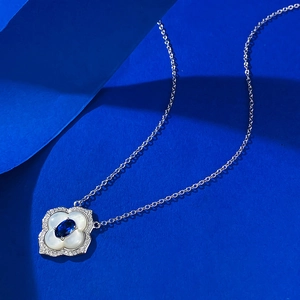 S925 silver necklace with blue sapphire pendant and white mother of pearl floral inlay