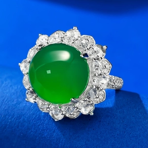 Bague luxe en argent S925 avec calcédoine verte de 12mm et double halo de zircons