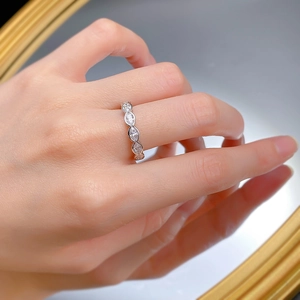 Detail of S925 silver eternity band featuring marquise-cut stones on a hand model