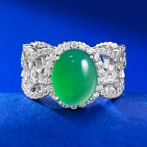 925 Sterling Silver Green Agate Oval Ring For Women Vintage Hollow Lattice Design With White Rhinestones Jewelry Gift
