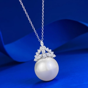 Luxury S925 silver necklace with a 16mm white pearl pendant and shimmering zircon crown