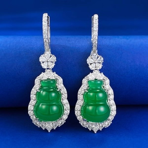 Elegant S925 silver gourd earrings with green chalcedony and sparkling zircon stones