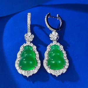S925 silver gourd earrings with green chalcedony and floral zircon details on dark blue