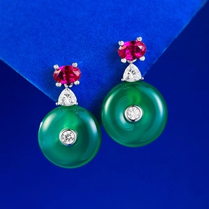 925 silver gold-plated earrings with green chalcedony rings and pink gemstones