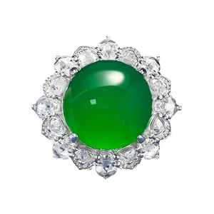 Bague en argent S925 avec une grande calcédoine verte de 12mm et halo de cristaux