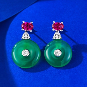 925 Sterling Silver Gold Plated Green Chalcedony Drop Earrings Retro Ping An Kou Rhinestone Inlaid Jewelry For Women