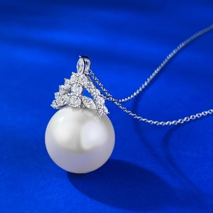 Elegant 16mm round white pearl pendant necklace with sparkling zircon triangle inlay on blue silk