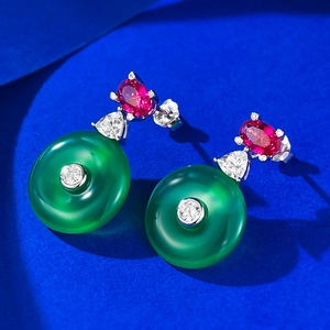 Elegant 925 silver gold-plated earrings with green chalcedony and red gemstones