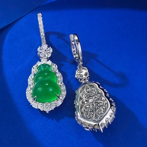 Detail view of S925 sterling silver hallmarked earrings with green chalcedony gourds
