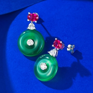 925 silver gold-plated earrings with green chalcedony and red gemstone drop accents