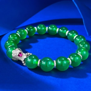925 Sterling Silver Green Chalcedony Beaded Bracelet Vintage Chinese Style Rhinestone Elephant Charm Bracelet For Women Jewelry Gift