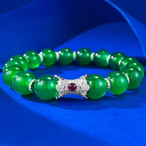 Elegant S925 silver green agate beaded bracelet with a sparkling crystal bow accent