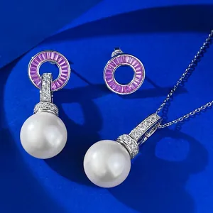 S925 silver earring and necklace set with 14mm shell pearl and purple stones