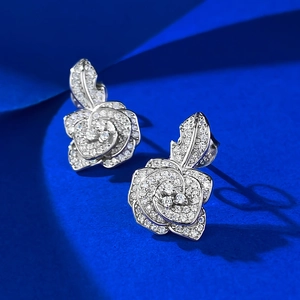 Elegant S925 sterling silver rose flower stud earrings set with sparkling zirconia gems